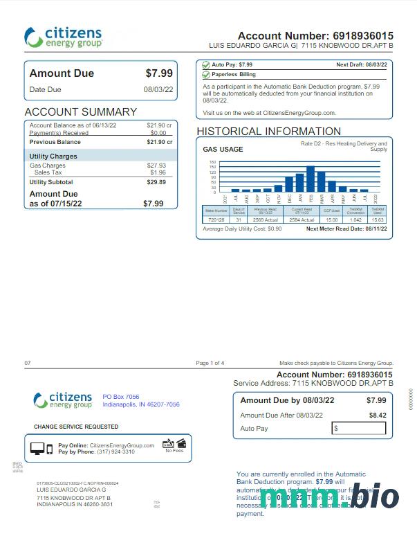USA INDIANAPOLIS CITIZENS ENERGY GROUP rachunek za media Word i PDF template